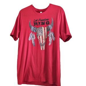 Bella Canvas Mens Size Large Red Graphic T-Shirt Let Freedom Ring Bison Skull